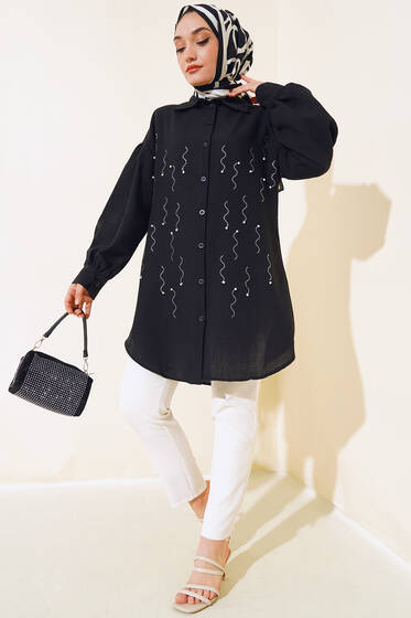 Önü İnci Süslemeli Gömlek Siyah - Gömlek