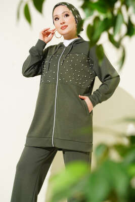 Önü İncili Fermuarlı Loyşa İkili Takım Haki - İkili Takım