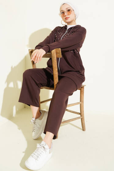 Önü İncili Fermuarlı Loyşa İkili Takım Kahve - İkili Takım