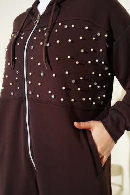 Önü İncili Fermuarlı Loyşa İkili Takım Kahve - İkili Takım