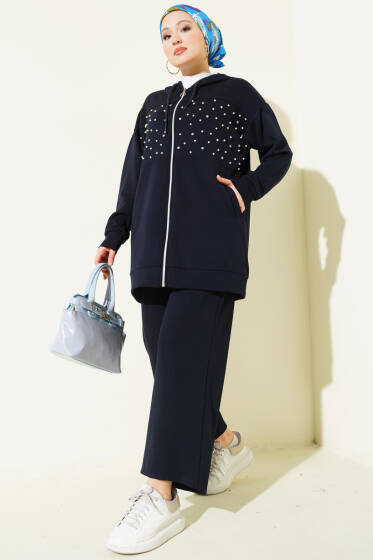 Önü İncili Fermuarlı Loyşa İkili Takım Lacivert - İkili Takım