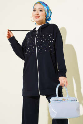 Önü İncili Fermuarlı Loyşa İkili Takım Lacivert - İkili Takım