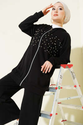 Önü İncili Fermuarlı Loyşa İkili Takım Siyah - İkili Takım