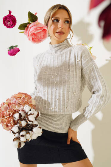 Önü İncili Fitilli Triko Kazak Gri - Yeni Giyim