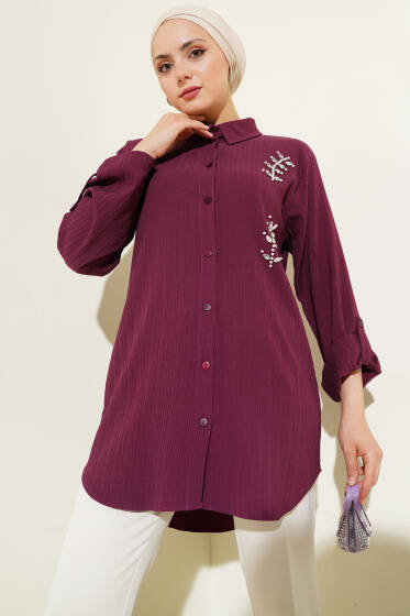 Önü İncili Kabartma Çizgili Gömlek Bordo - Gömlek
