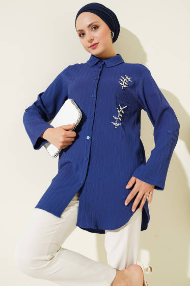 Önü İncili Kabartma Çizgili Gömlek İndigo - Gömlek