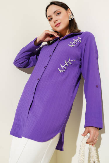 Önü İncili Kabartma Çizgili Gömlek Mor - Gömlek