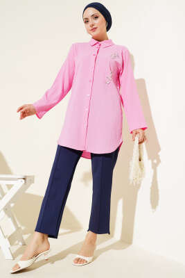 Önü İncili Kabartma Çizgili Gömlek Pembe - 300-500 TL Ürünler
