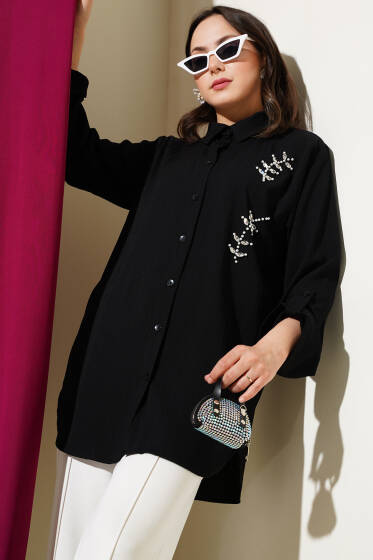 Önü İncili Kabartma Çizgili Gömlek Siyah - Gömlek