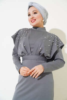 Önü İncili Kuşaklı Elbise Gri - Tesettür Elbise