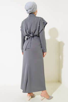 Önü İncili Kuşaklı Elbise Gri - Tesettür Elbise