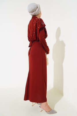 Önü İncili Kuşaklı Elbise Kiremit - Tesettür Elbise