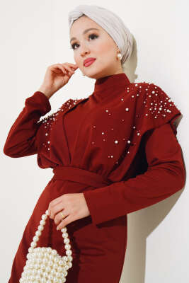 Önü İncili Kuşaklı Elbise Kiremit - Tesettür Elbise
