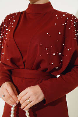 Önü İncili Kuşaklı Elbise Kiremit - Tesettür Elbise