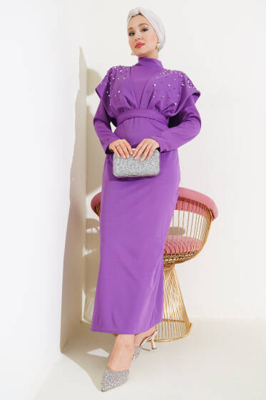 Önü İncili Kuşaklı Elbise Menekşe - Tesettür Elbise