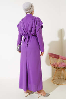Önü İncili Kuşaklı Elbise Menekşe - Tesettür Elbise