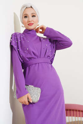 Önü İncili Kuşaklı Elbise Menekşe - Tesettür Elbise