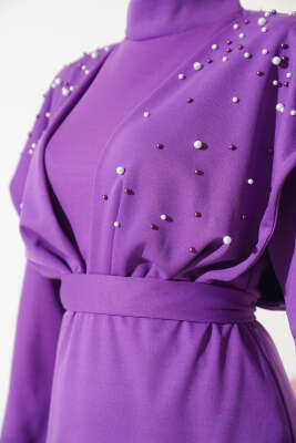 Önü İncili Kuşaklı Elbise Menekşe - Tesettür Elbise