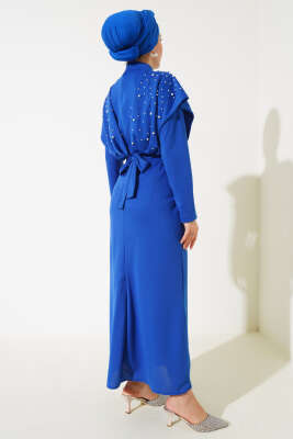 Önü İncili Kuşaklı Elbise Saks - Tesettür Elbise