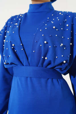 Önü İncili Kuşaklı Elbise Saks - Tesettür Elbise