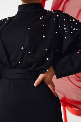 Önü İncili Kuşaklı Elbise Siyah - Tesettür Elbise