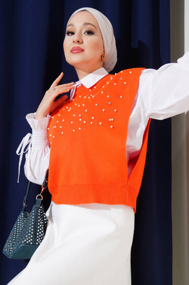 Önü İncili Triko Kısa Süveter Oranj - Triko