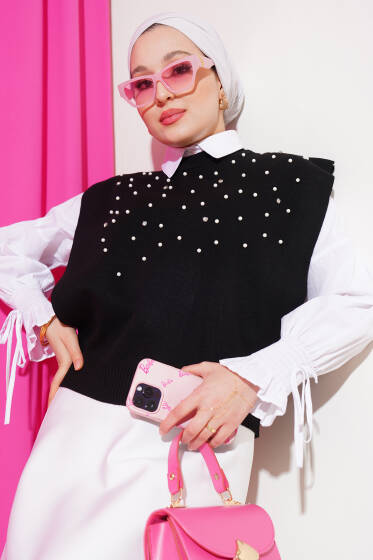 Önü İncili Triko Kısa Süveter Siyah - Triko