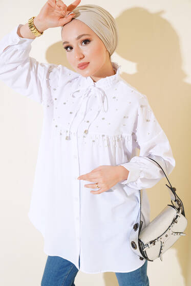 Önü İncili Yaka Fırfırlı Tunik Ekru - Tunik