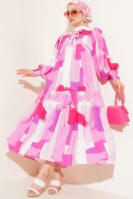 Önü İp Bağcıklı Desenli Elbise Pembe 