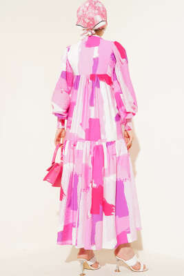 Önü İp Bağcıklı Desenli Elbise Pembe - Tesettür Elbise