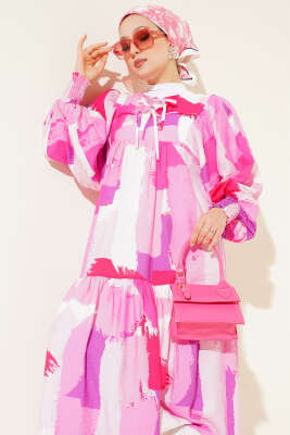 Önü İp Bağcıklı Desenli Elbise Pembe - Tesettür Elbise