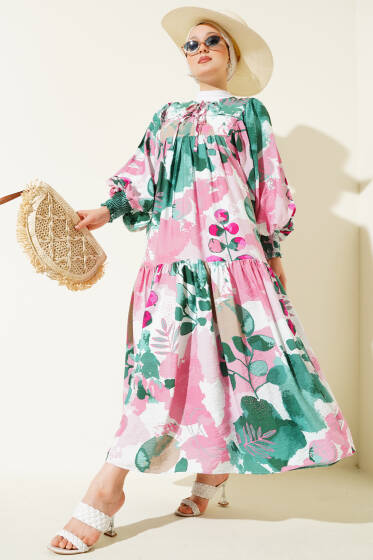 Önü İp Bağcıklı Desenli Elbise Yeşil - Elbise