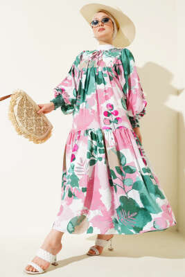 Önü İp Bağcıklı Desenli Elbise Yeşil - Tesettür Elbise