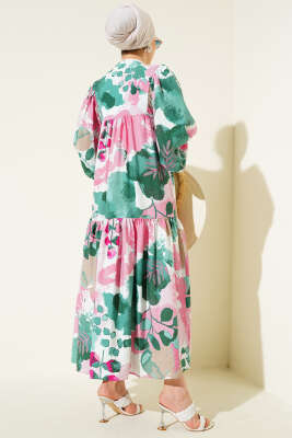 Önü İp Bağcıklı Desenli Elbise Yeşil - Tesettür Elbise