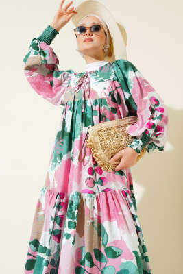 Önü İp Bağcıklı Desenli Elbise Yeşil - Tesettür Elbise