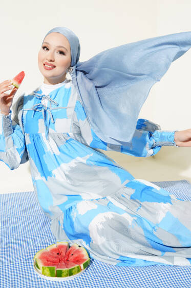 Önü İp Bağcıklı Desenli Elbise Mavi - Elbise