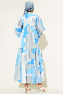 Önü İp Bağcıklı Desenli Elbise Mavi - Tesettür Elbise