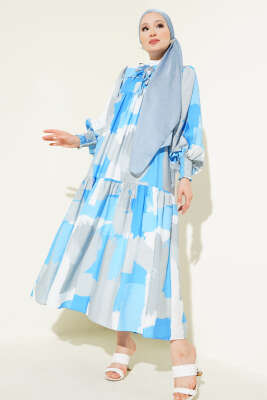 Önü İp Bağcıklı Desenli Elbise Mavi - Tesettür Elbise