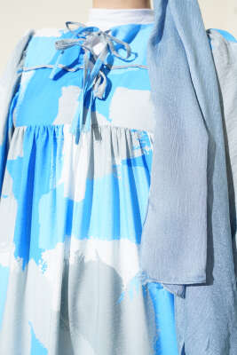 Önü İp Bağcıklı Desenli Elbise Mavi - Tesettür Elbise