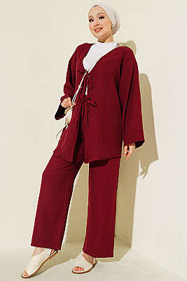 Önü İp Bağcıklı Kimono İkili Takım Bordo - TEGOE