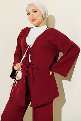 Önü İp Bağcıklı Kimono İkili Takım Bordo - İkili Takım