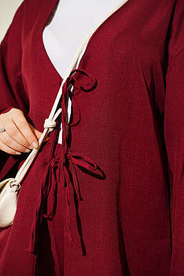 Önü İp Bağcıklı Kimono İkili Takım Bordo - İkili Takım