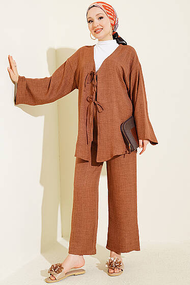 Önü İp Bağcıklı Kimono İkili Takım Kahve - İkili Takım