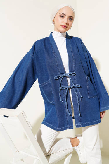Önü İp Bağcıklı Kot Kimono Mavi - Dış Giyim&Mont