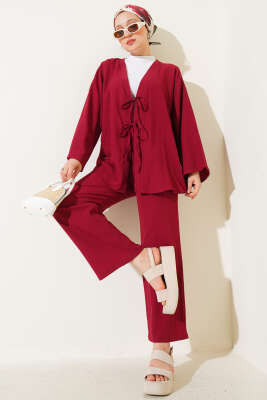 Önü İp Bağcıklı Krinkıl İkili Takım Bordo - TEGOE