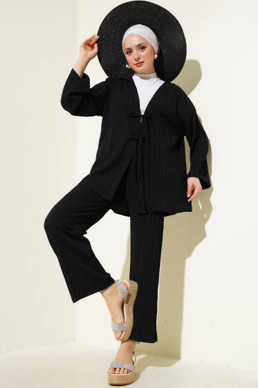 Önü İp Bağcıklı Krinkıl İkili Takım Siyah - İkili Takım