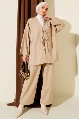 Önü İp Bağlama Detaylı İkili Takım Bej - MD TREND