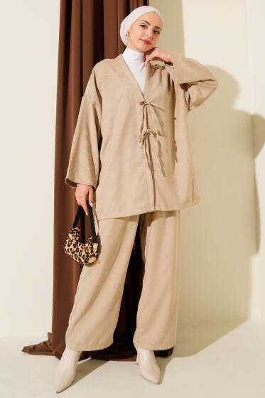 Önü İp Bağlama Detaylı İkili Takım Bej - İkili Takım