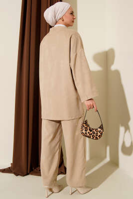Önü İp Bağlama Detaylı İkili Takım Bej - İkili Takım