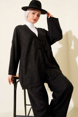 Önü İp Bağlama Detaylı İkili Takım Siyah - İkili Takım